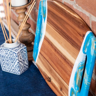 Acacia Cheese Board w/ Handles - 17" Emerald Green